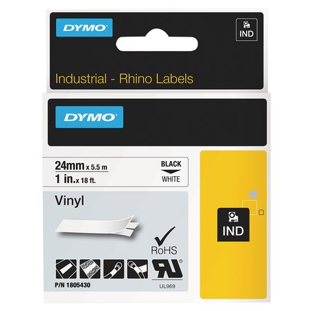 DYMO Rhino Permanent Vinyl Industrial Label Tape, 1" x 18 ft, White/Black Print 1805430